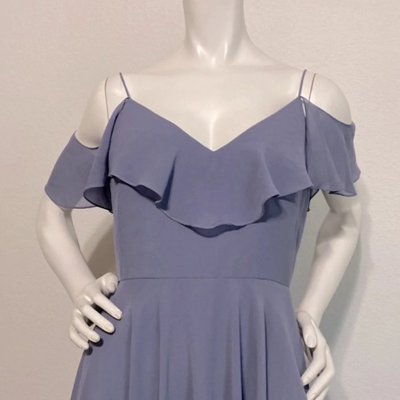 Jenny Yoo Dusty Periwinkle Blue Mini Off-the-Shoulder Bridesmaid Dress Size 6 - Picture 3 of 8